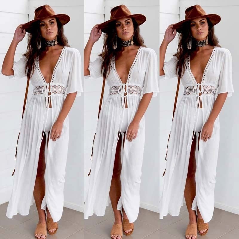 Plus Size Beach Long Maxi Dress Bikini Cover Up Tunic Pareo White V Neck Dress Robe Swimwear Bathing Suit Beachwear