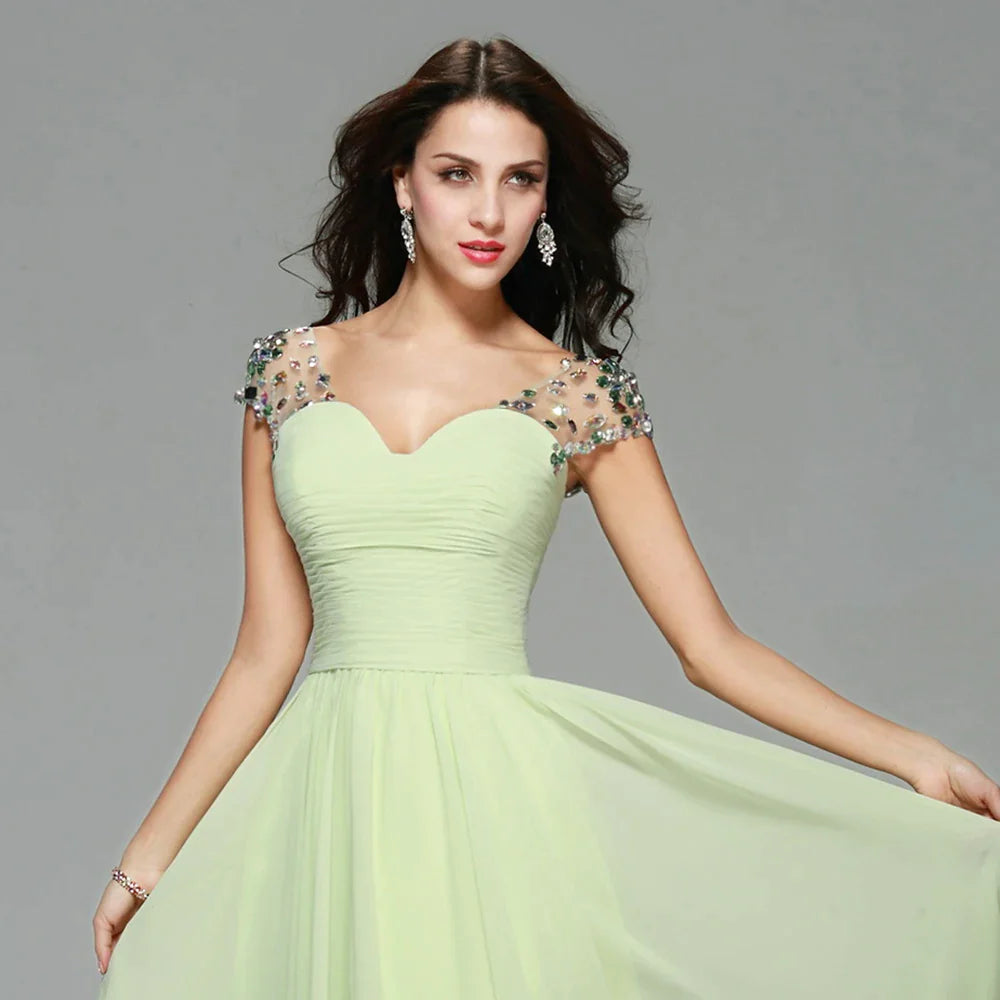 Elegant Cap Sleeves Light Green Prom Dresses Chiffon Crystal vestido de festa Evening Formal Dress for Women