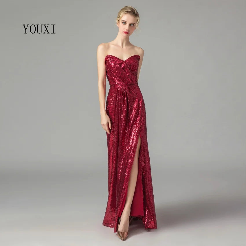 Dark Red Sequin Long Bridesmaid Dresses Wedding Party Guest Dress vestidos de fiesta de noche Prom Gowns custom made color