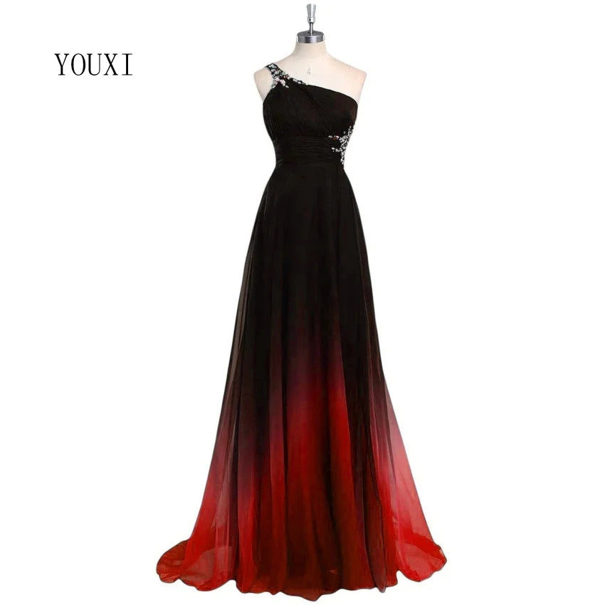 Sexy Criss-Cross Back One Shoulder Ombre Blue Black Red Chiffon Long Prom Dresses Formal Party Gowns Red