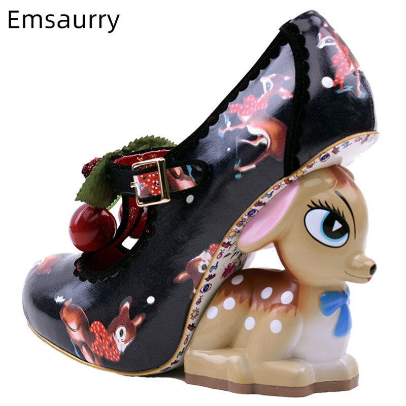 Vivid Painted Deer Heel Bridal Wedding Shoes Design Cherry Belt Buckle Printed Color Strange High Heel Shoes Woman