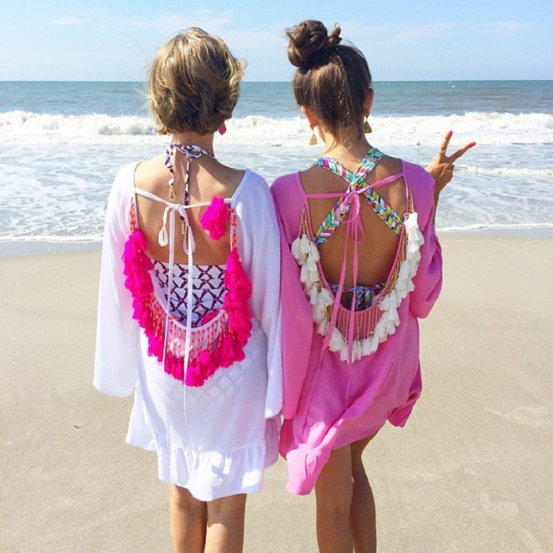 Sexy Backless Tassel Bikini Cover Up Chiffon Summer Beach Dress Swimwear