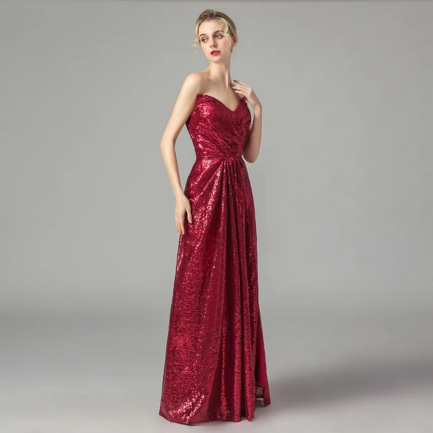 Dark Red Sequin Long Bridesmaid Dresses Wedding Party Guest Dress vestidos de fiesta de noche Prom Gowns