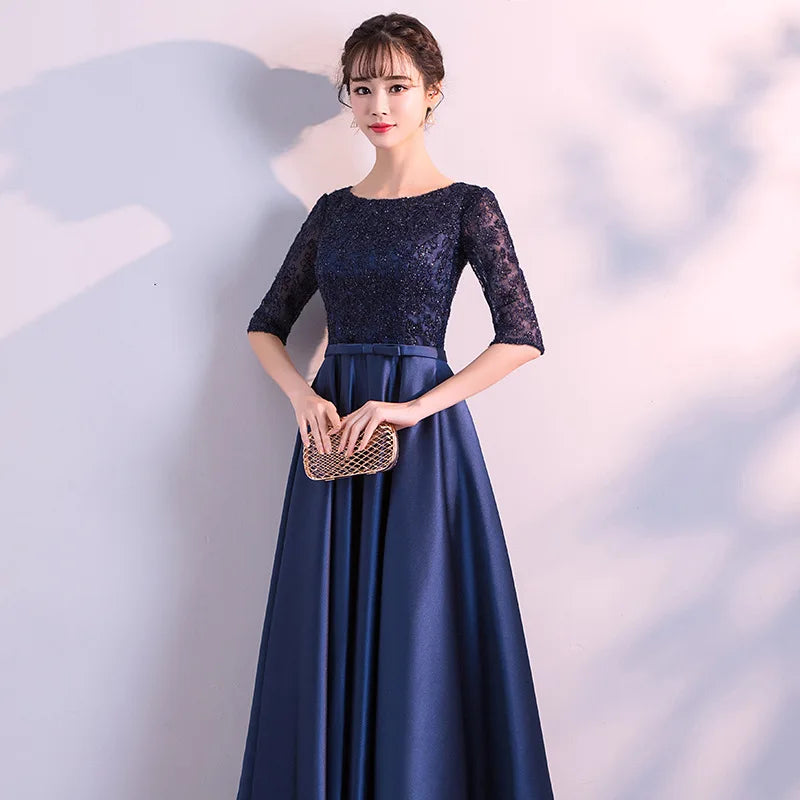 LONG FORMAL EVENING DRESSES ELEGANT LACE SATIN NAVY BLUE VESTIDOS WOMEN PARTY GOWN