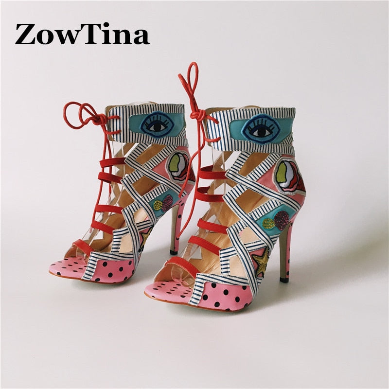 Women Summer Sandals Colorful Embroider High Heels Sandalias Fashion Zapatos Mujer Lace Up Pumps Prom Booties