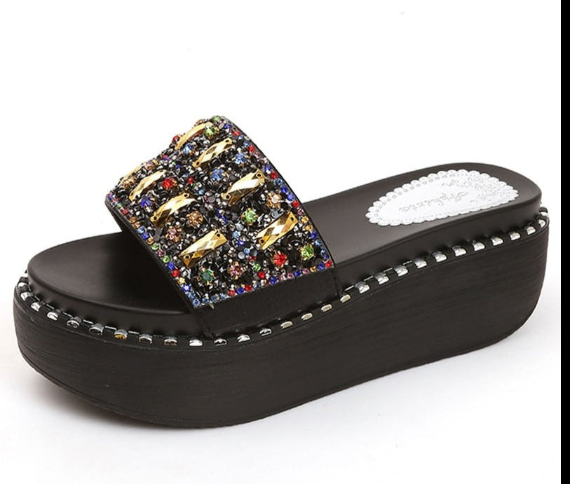 Platform Rhinestone Sandals Slippers Women Gemstone Slides Women Shoes Wedge Slippers String Bead Beach Slides Shoes
