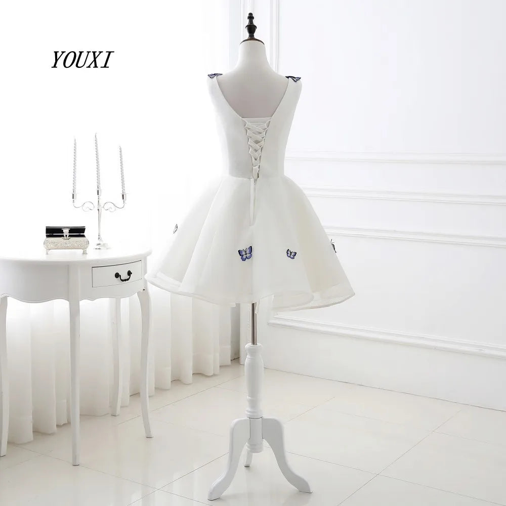 Short Prom Dresses Graduation V-Neck White Blue Flowers Real Photos Party Formal Gown YOUXI