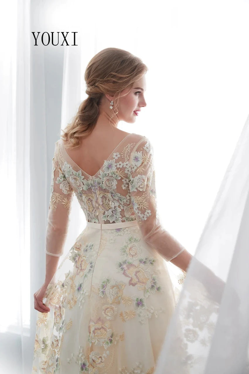 Floral Prom Dresses Lace 3/4 Sleeves A-line Champagne Belt Empire Waist Long Evening Gowns Vestido De Formatura