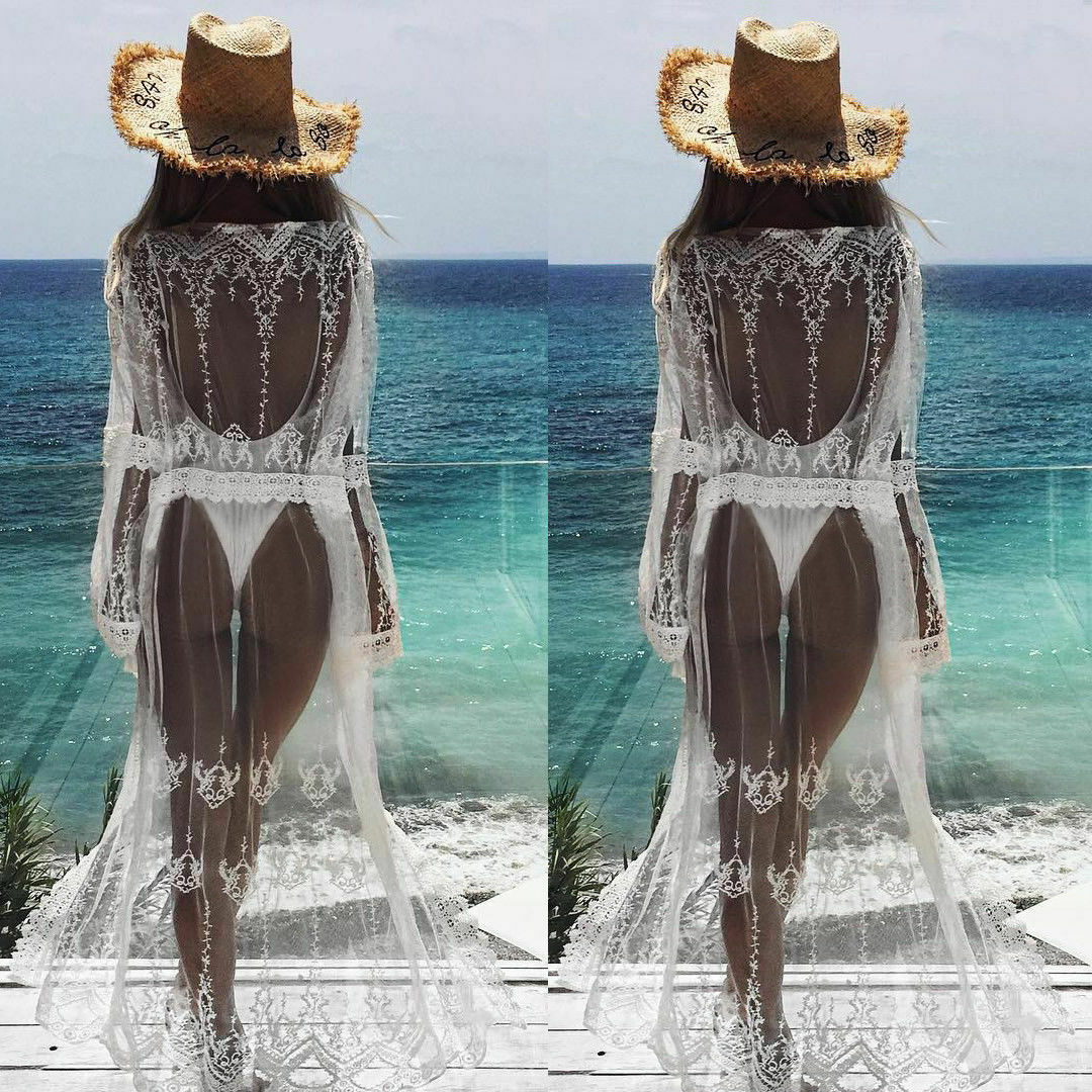 Sarong Lace Maxi Bikini Cover Up Pareo white beach dress Long Chiffon See Through Crochet Cardigan robe de plage White