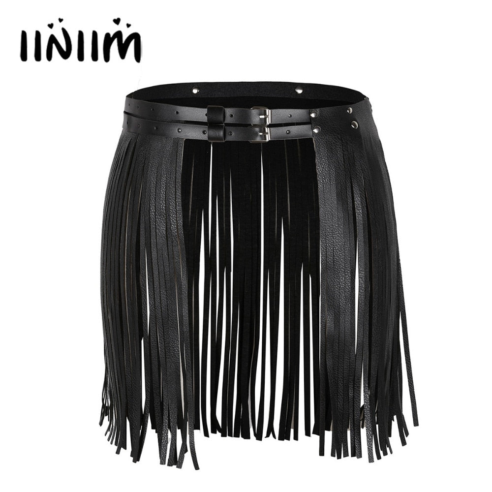 Femmes Adulte Réglable Faux Cuir Ceinture Frange Gland Jupe Ceinture Discothèque Costume Cosplay Fêtes Jupes pour Halloween