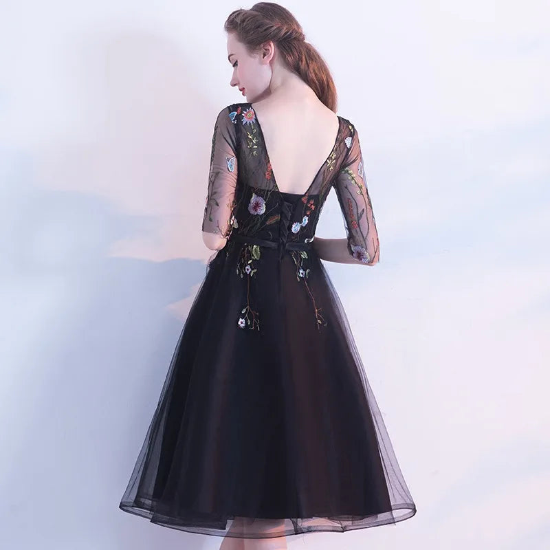 SEXY BLACK COCKTAIL DRESSES SHORT ELEGANT WOMEN PARTY FLOWER ROBES DE BAL BACKLESS HALF SLEEVE PROM DRESS