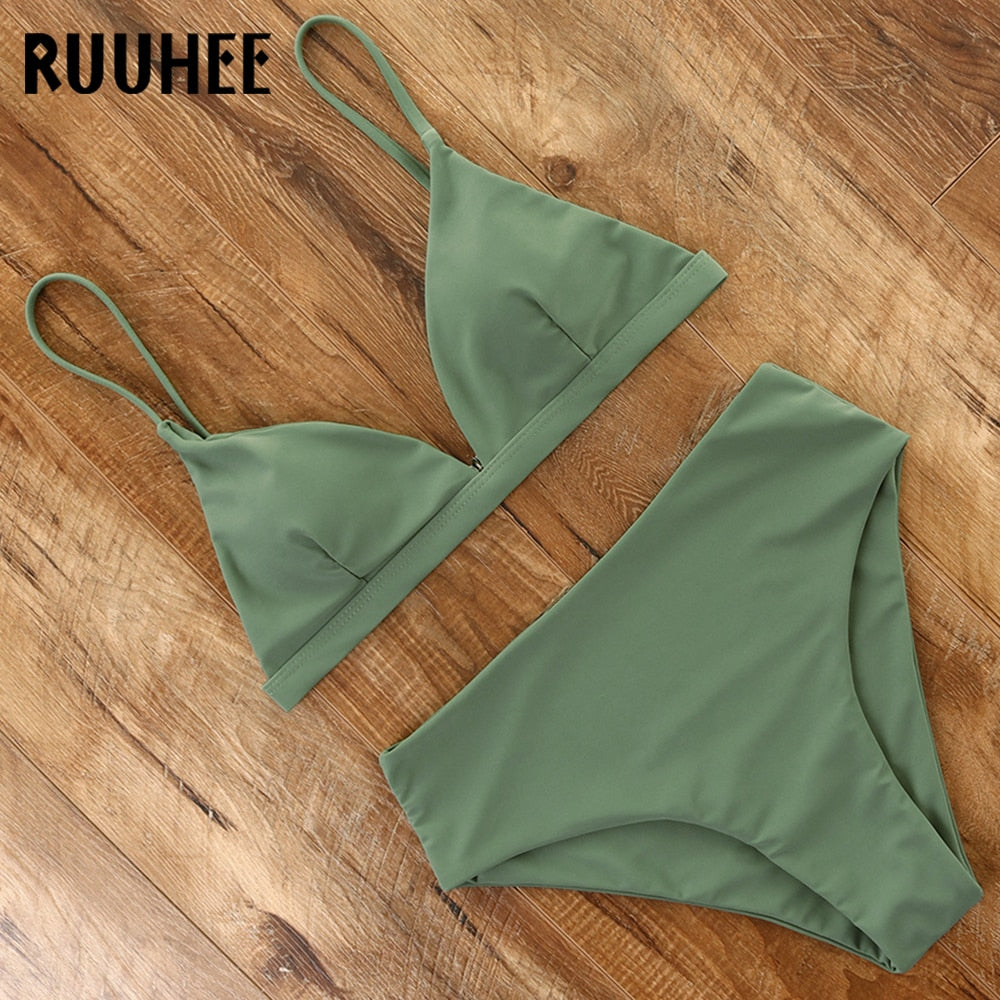 RUUHEE 2024 Bikini Swimwear Swimsuit Women Solid Bathing Suit Green Neno Bikini Set With Pad Female High Waist Beachwear Biquini