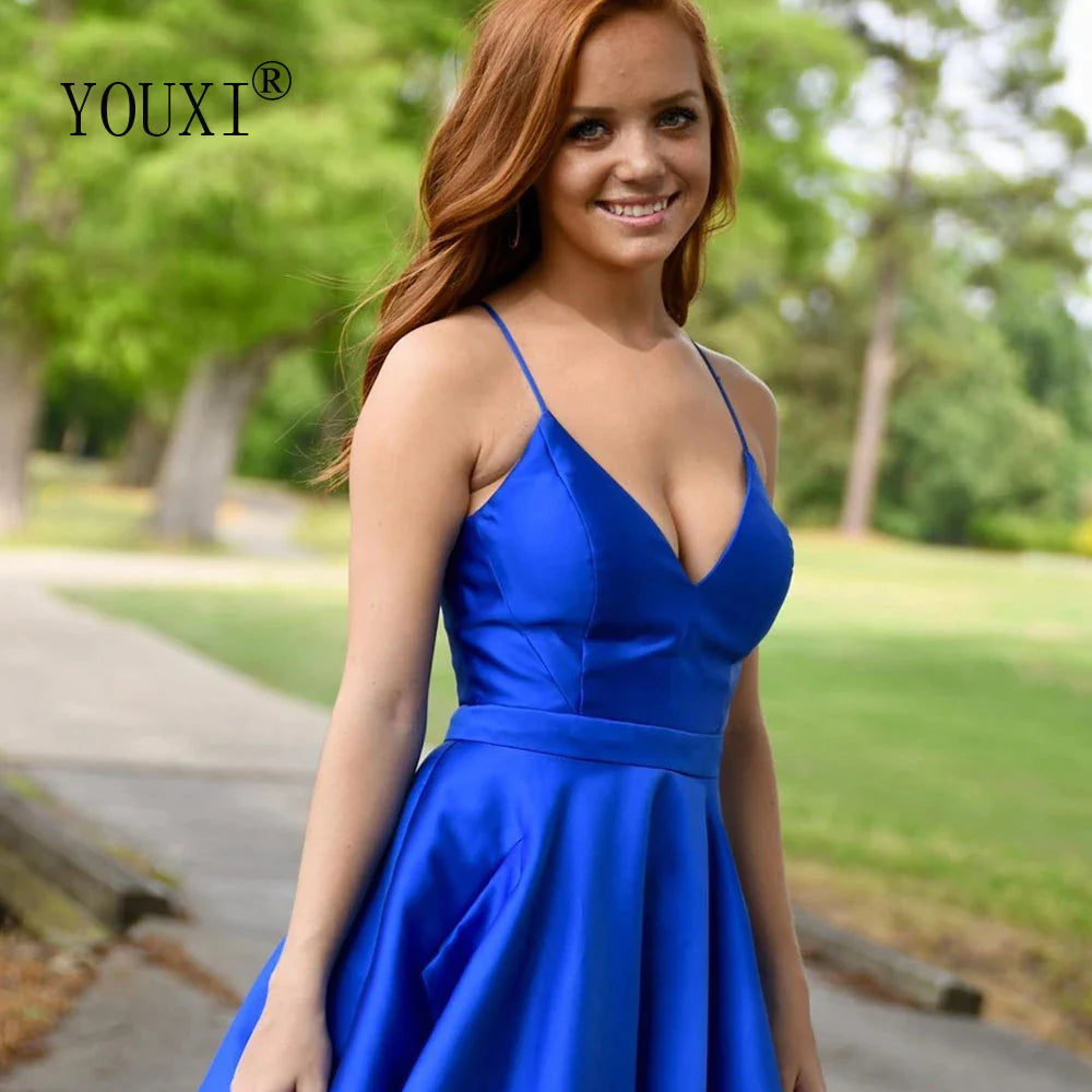 Royal Blue Prom Dresses with Pockets Sexy Spaghetti Straps V Neck A-Line Satin Formal Gown for Women