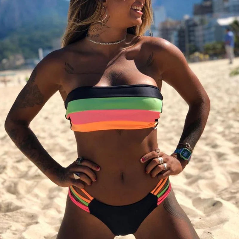 Women Swimsuit Bikini Set Women Bandage Bathing Suit Female Swimwear Bikini Sets Striped Swim Beach Wear B