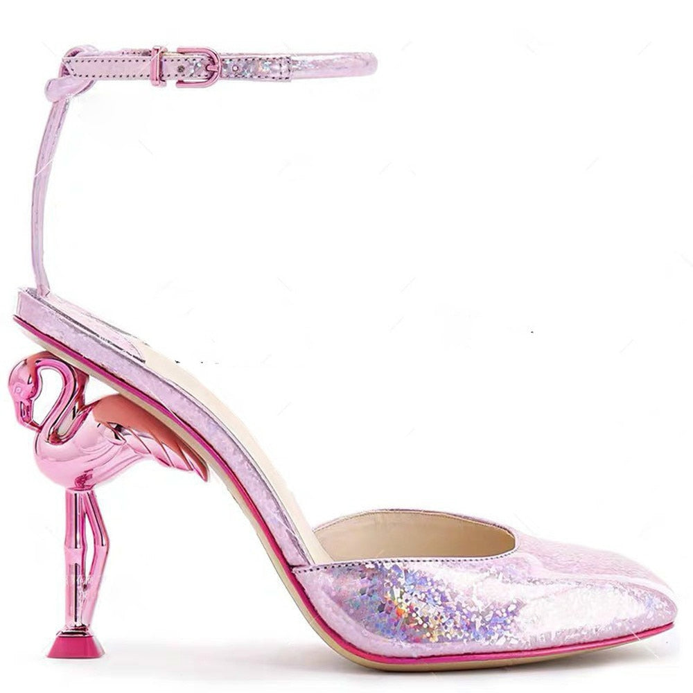 Womens Pointy Toe Genuine Leather Strange Irregular High Flamingo Heel Slingbacks Pumps Sandals Shoes Plus Sz 5Colors Bling