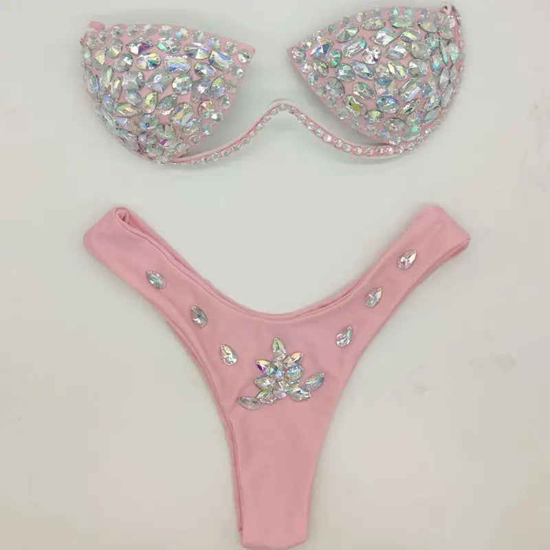 Diamond bikini crystal bikini swimwear plus sizes bikini rhinestone bikini swimsuit sexy beachwear biquini PINK