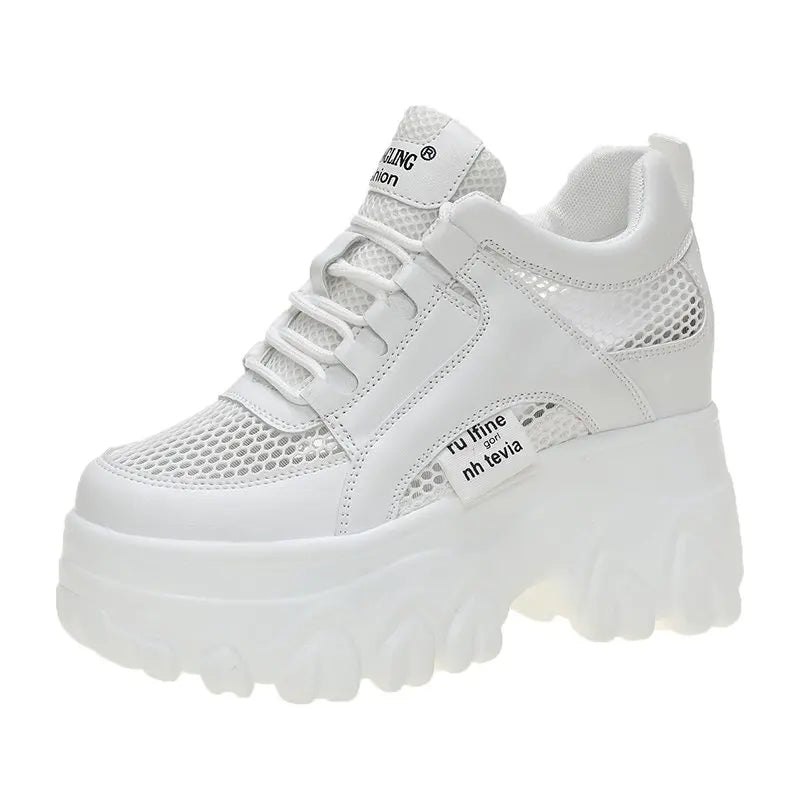 Breathable Mesh Chunky White Sneakers Women Summer Hollow Out Mesh Platform Sandals Woman Height Increased Casual Shoe 10cm WHITE
