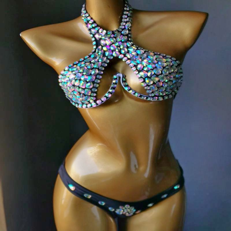 Sexy Halter Crystal Diamond Bikini Luxury Rhinestone Women's Swimsuit Push Up Gathered Swimwear Biquini