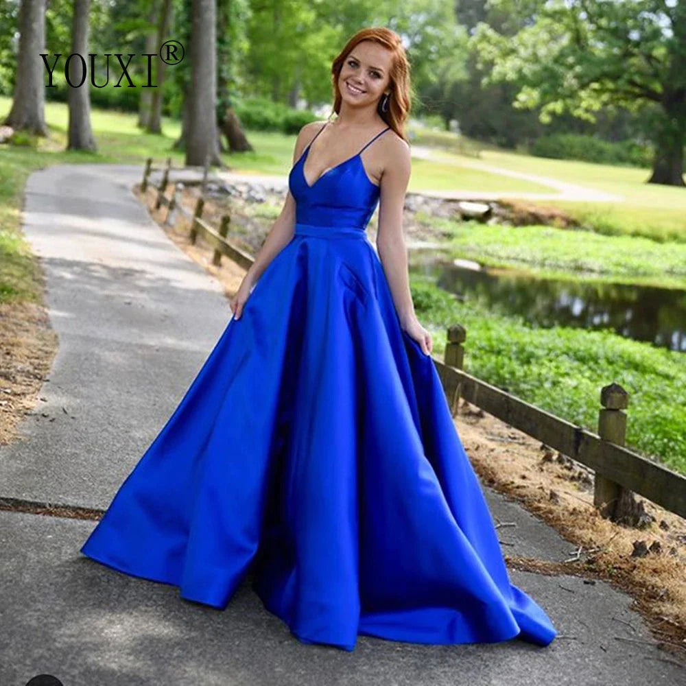 Royal Blue Prom Dresses with Pockets Sexy Spaghetti Straps V Neck A-Line Satin Formal Gown for Women royal blue
