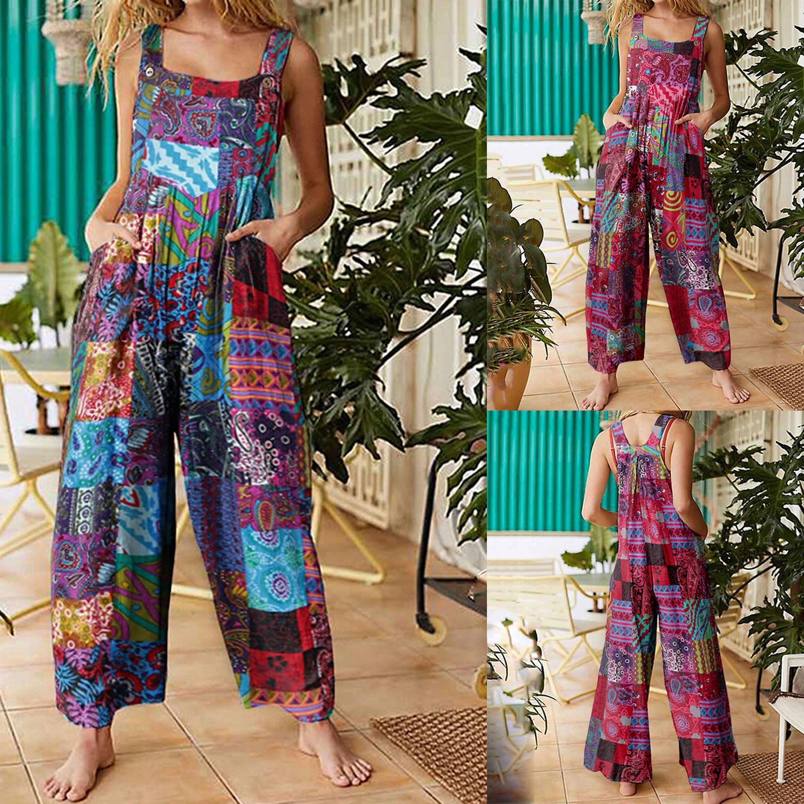 Women Ethnic Style Jumpsuits Summer Overalls Multicolor Square Neck Sleeveless Casual Rompers with Pockets for Girls Playsuit