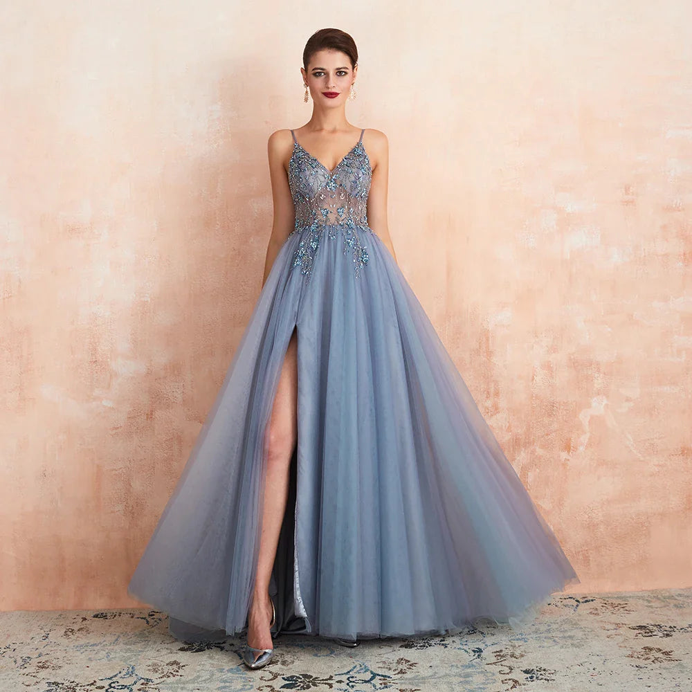 Beaded Crystal Prom Dresses Long Sexy See Through A-Line Split Tulle V Neck Spaghetti Strap Evening Formal Gown blue gray