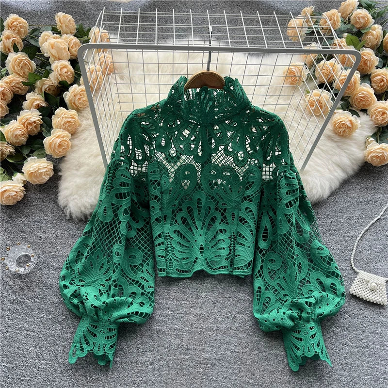 Sexy Lace Hollow Out Short Blouse Casual Lantern Long Sleeve Stand Collar Shirts Female Elegant Red/Pink/White Loose Tops green One Size