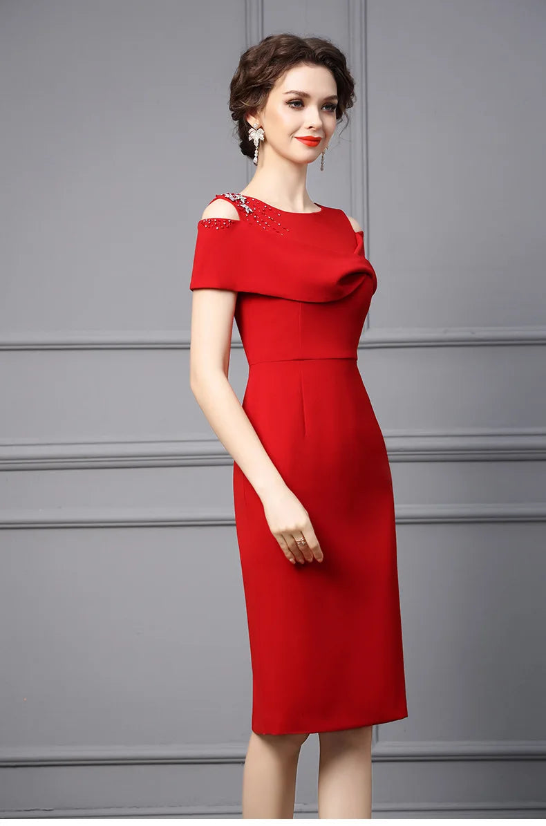 Beading Diamond Red Party Dresses for Women Elegant Luxury Evening Prom Vestidos Robe Summer Cocktail Off The Shoulder