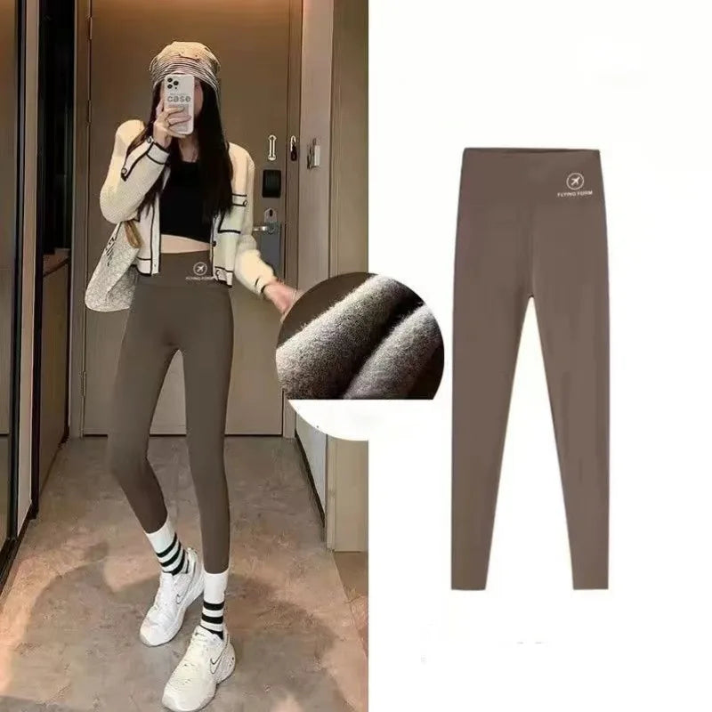 Women Winter Leggings Plush Up Thermal Waist Lamb Fleece Tight Warm Trousers Casual Cashmere Pants for Women High Waist coffee