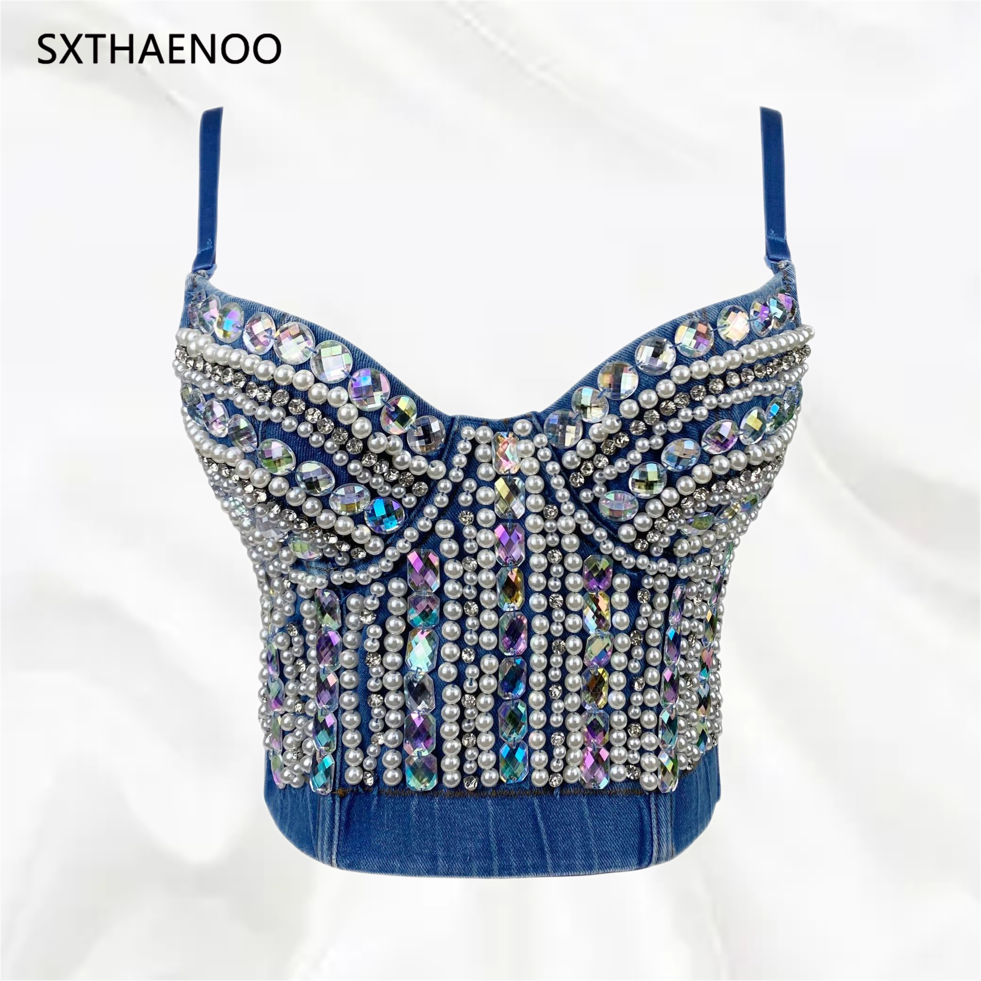 SXTHAENOO 2024 Women's Heavy Industry nailed beaded Diamond-Studded Sexy Crop Top Fashion Denim Sling Top Vset топ женский