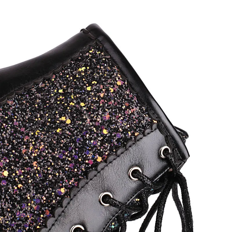 Women Ankle Boots Gold Silver Red Platform Shoes Elegant Studded Sequin Lace Up Autumn Winter Comfy Stable Chunky High Heels