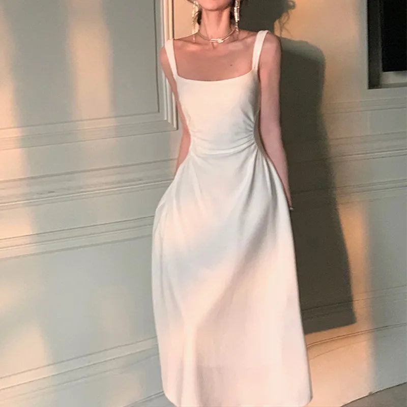 Summer Evening Party White Midi Dress Office Lady Slim Sexy Sleeveless Strap Dress Beach Style Women One Piece Dress Korean