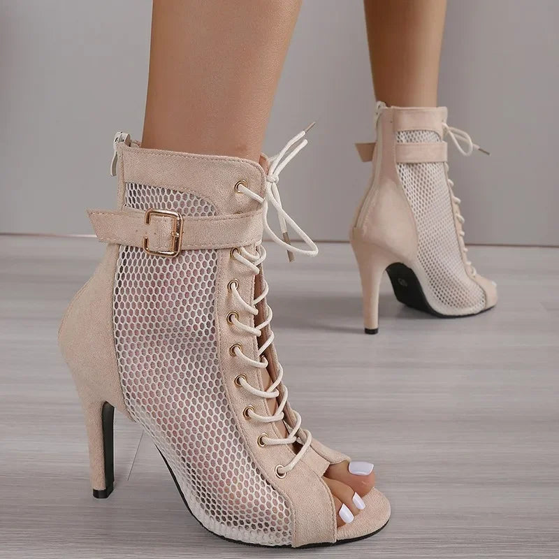 Sandals Hollowed Mesh Heels Belt Buckle Women's Summer Beige Lace-up Sexy Open Toe Boots Stiletto Jazz Dance Party Ladies Shoes suede