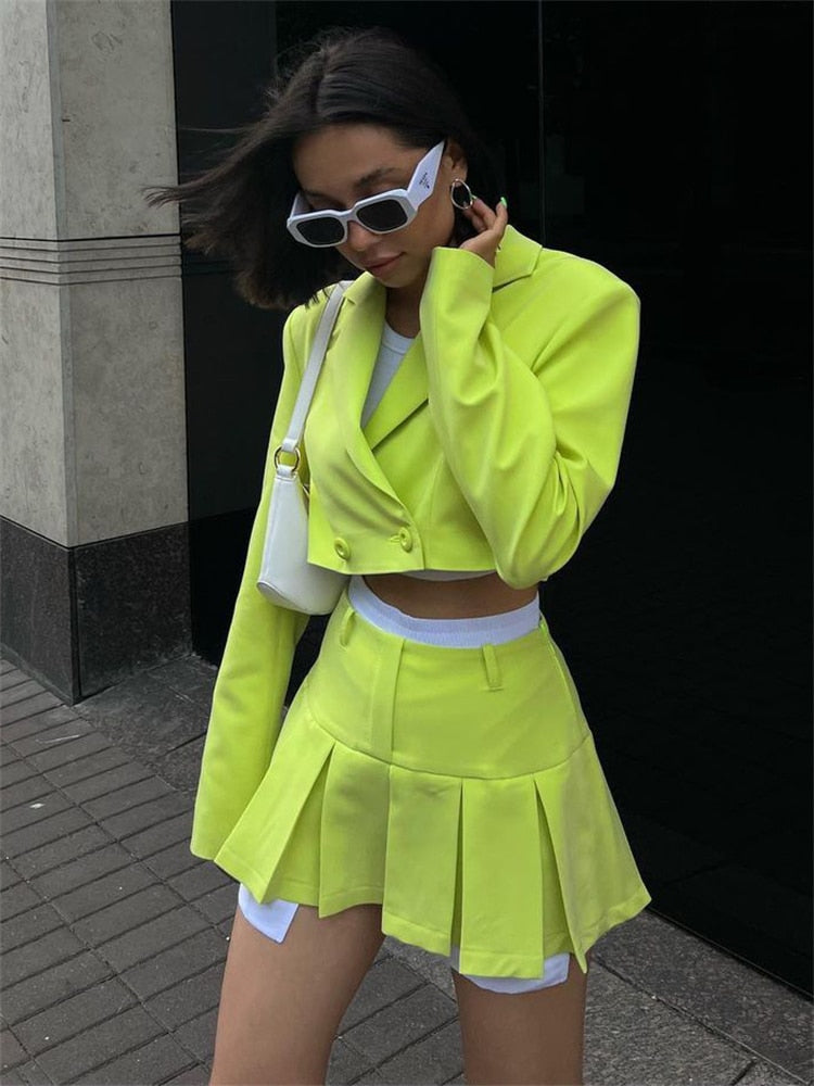 Taruxy Casual Two Piece Sets Women's Fall Outfits 2022 New Black Matching Sets With Skirt And Blazer Cropped Top Suit For Women