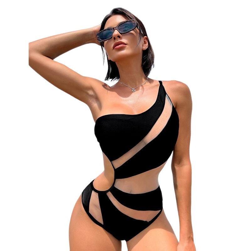 Summer One Shoulder One Piece Swimsuit Women Transparent Bandeau Black XL