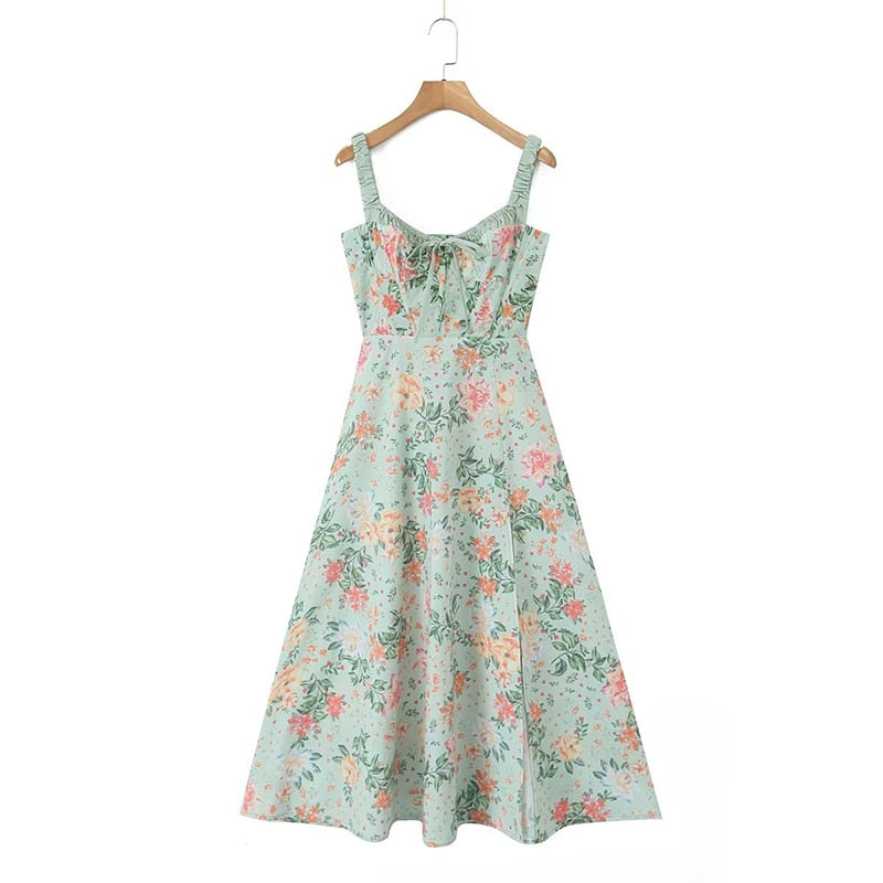 YENKYE 2024 Women French Style Floral Print A-line Midi Sling Dress Sexy Sleeveless Front Slit Female Holiday Party Summer Dress