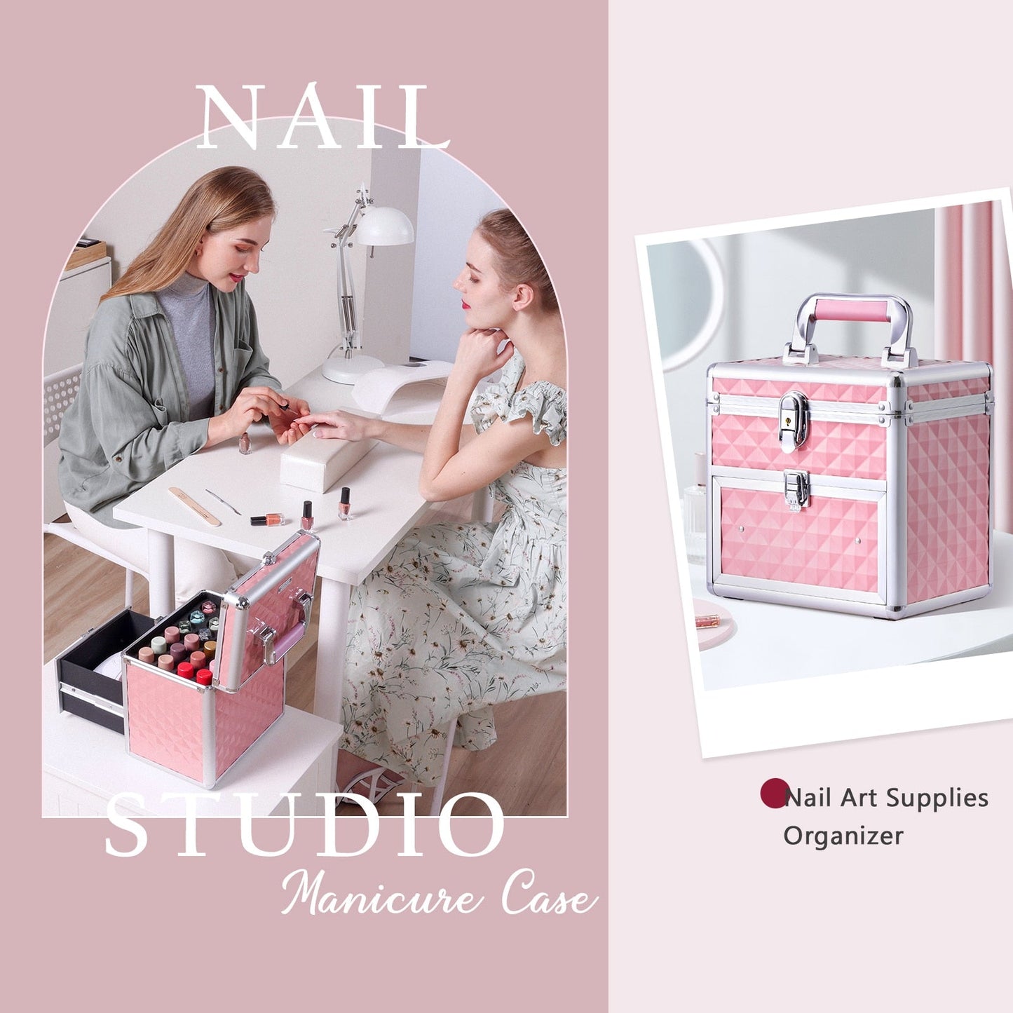 Boîte de maquillage Portable en alliage, mallette de maquillage pour vernis à manucure, organisateur de rangement, valise de beauté avec tiroir miroir pour technologie des ongles