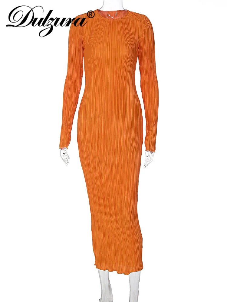 Autumn Striped Ruched Ruffle Sexy Y2K Clothes Long Sleeve Bodycon Midi Dresses For Women Club Party Elegant Outfit