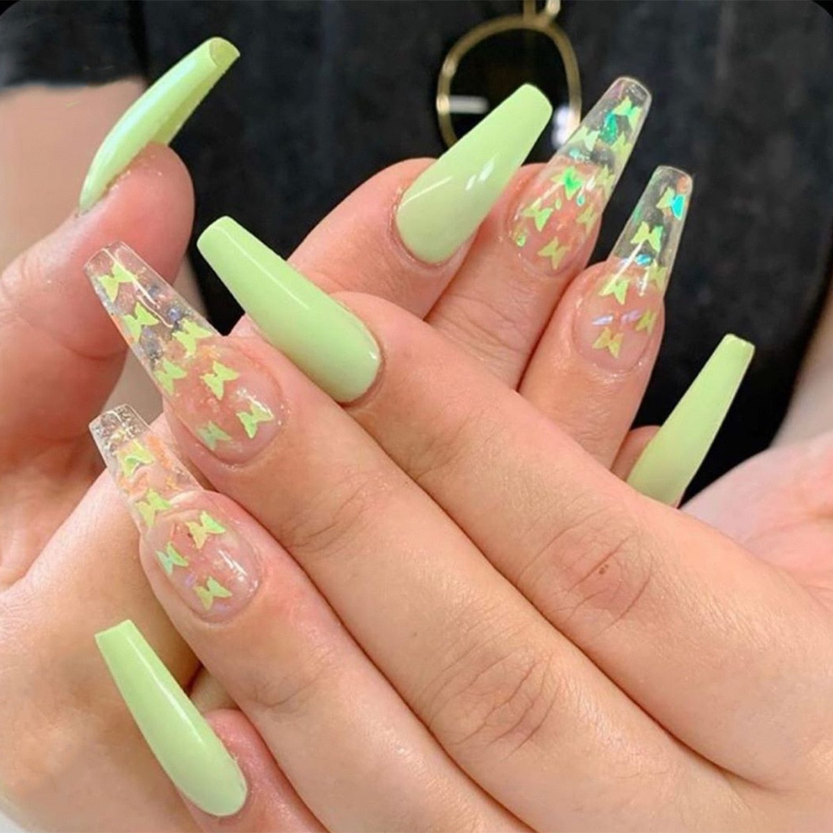 Glossy Pink Wearable Nail Art Blue Rhinestone Extra Long Ballet Detachable Finished False Nails Press on Nails with Glue MT680JP1300
