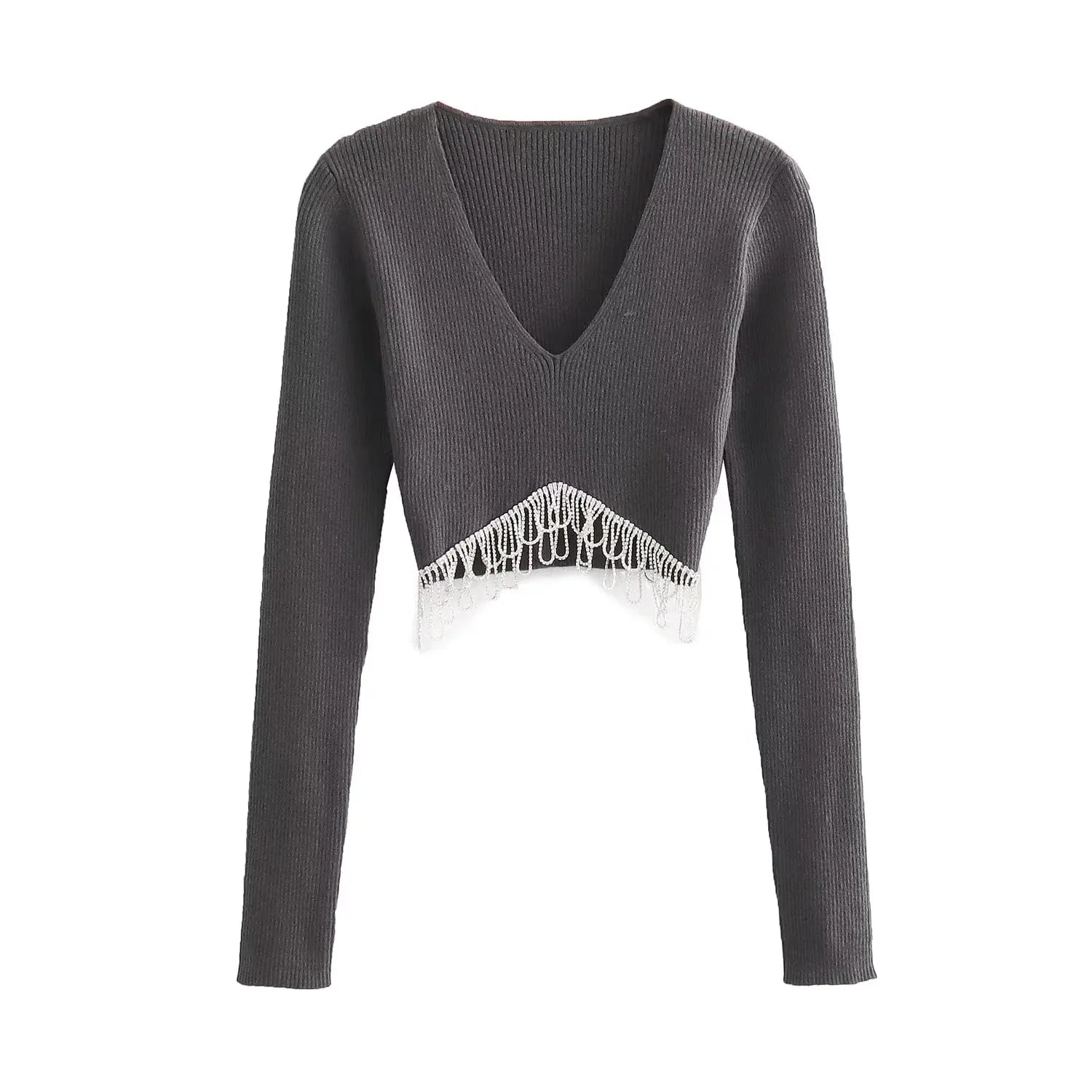 Women Fashion V Neck Ribbing Knitting Short Blouse Female Hem Diamond Tassel Slim Shirt Female Chic Blusas Tops 1
