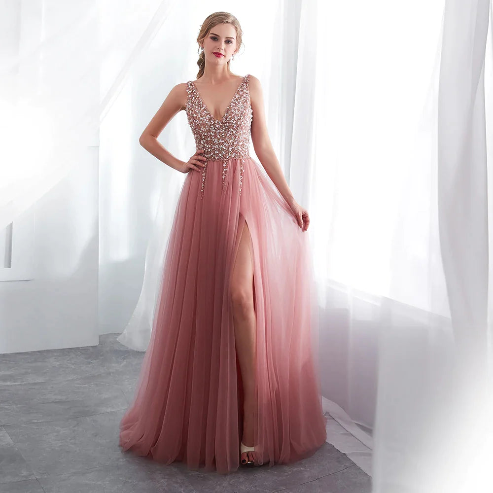 Beading Prom Dresses Sexy Pink High Split Tulle Sweep Train Sleeveless Evening Gown A-line Lace Up Backless Vestido De Pink
