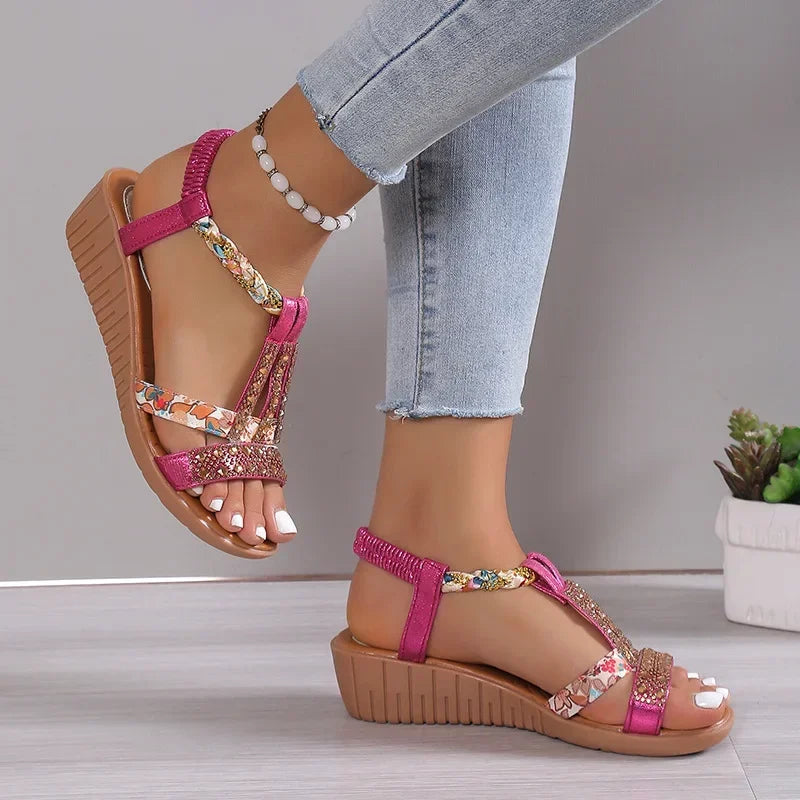 Women Wedge Sandals Summer Bohemia Rhinestones Casual Platform Sandals Female Peep Toe Outdoor Beach Shoes обувь женская летняя Rosy Red