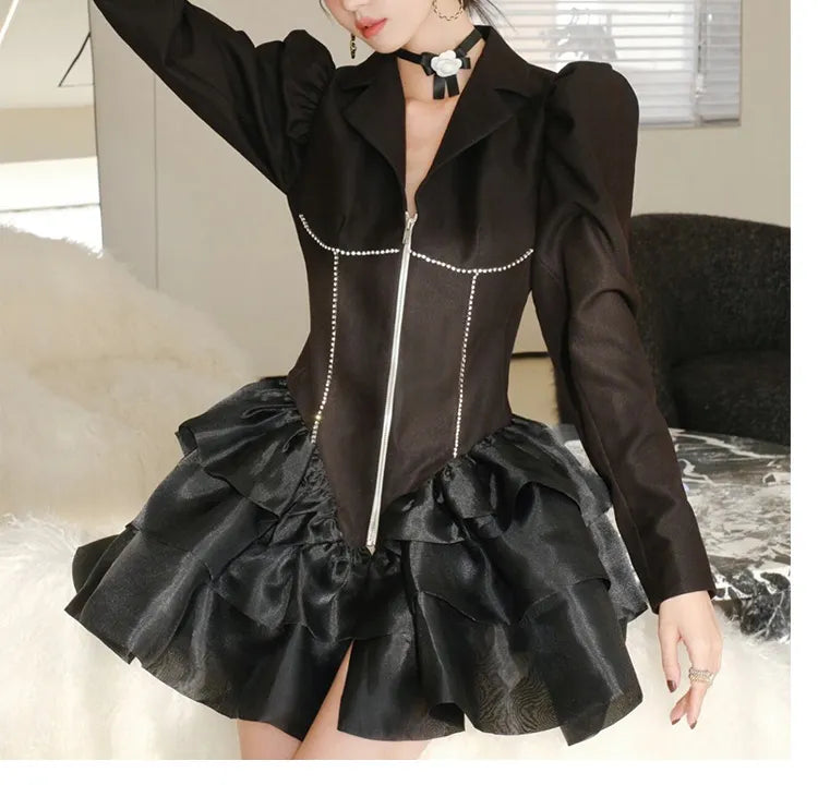 Spring Luxury diamond Suit Blazers Women medium long fashion suit skirt bow long sleeve suit Blazers Cool silver suit 20 colors 9409 Black