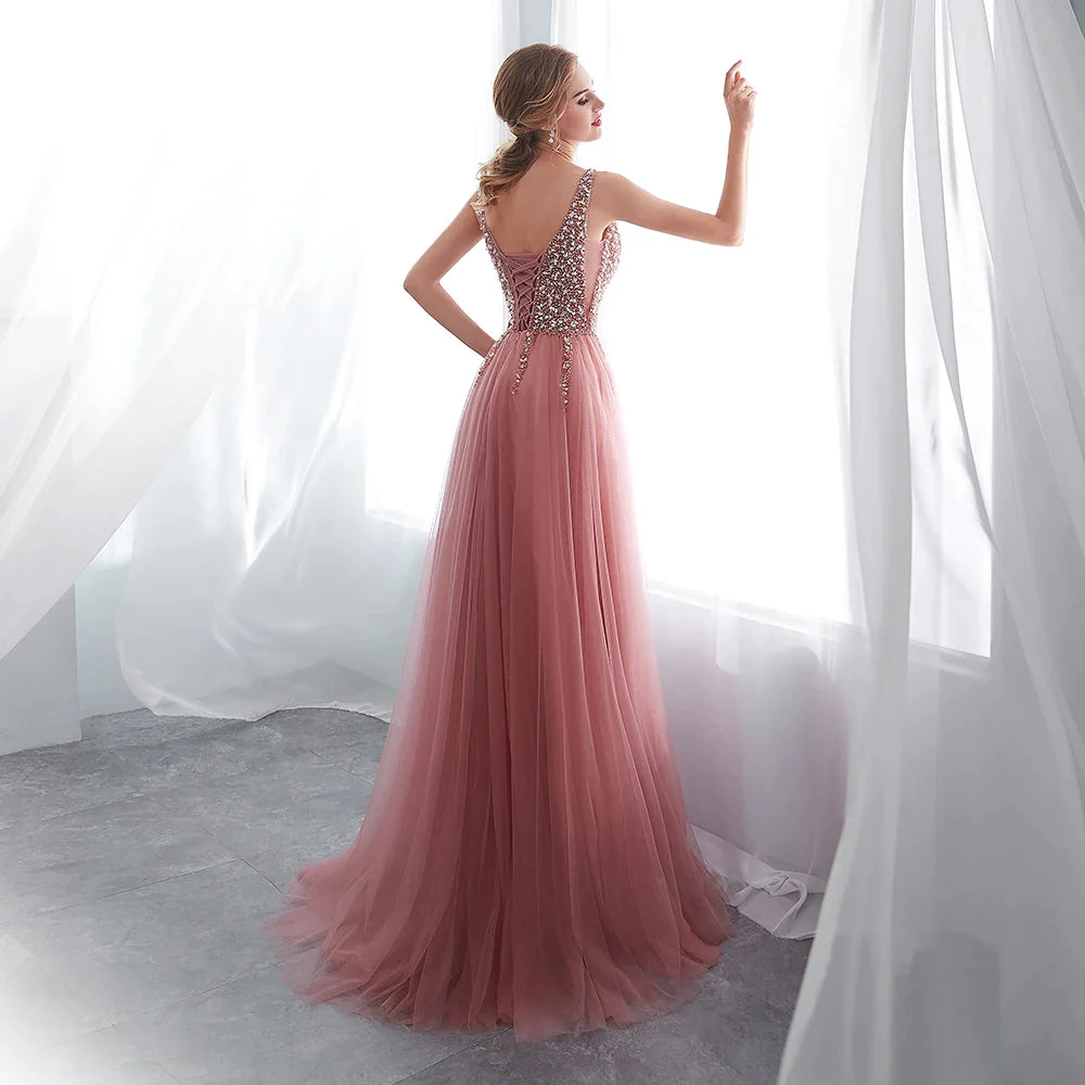 Beading Prom Dresses Sexy Pink High Split Tulle Sweep Train Sleeveless Evening Gown A-line Lace Up Backless Vestido De