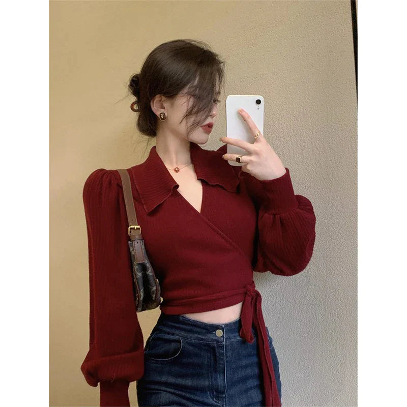 Vintage Cropped Sweater Women Bandage Knitted Pullovers Streetwear Korean Lantern Sleeve Knitwear Elegant Bodycon Jumpers Red