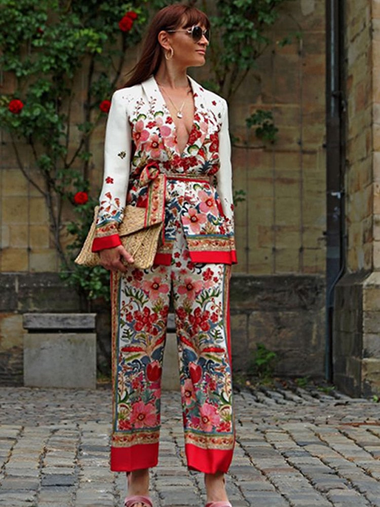 Printed Notched Blazer Women Suits With Belt Elastic High Waist Wide Leg Female Pants Two Piece Set Long Sleeve Top Outfits