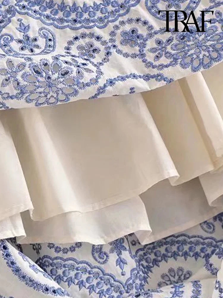 TRAF Women Fashion Cutwork Embroidery Smocked Midi Dress Vintage Backless Ruffled Straps Female Dresses Vestidos Mujer