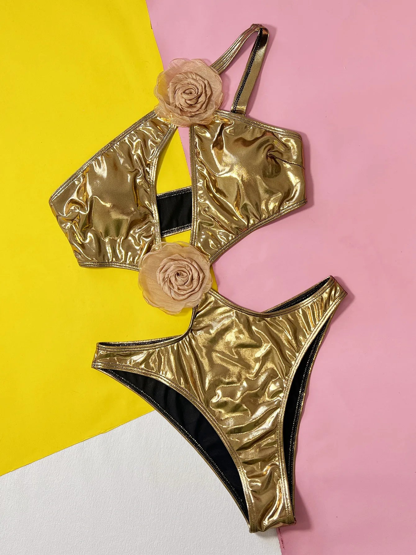 sexy gold metallic hollow one shoulder swimsuit one piece bikinis bodysuits thong swimsuit swimwear bathing suit biquini Gold