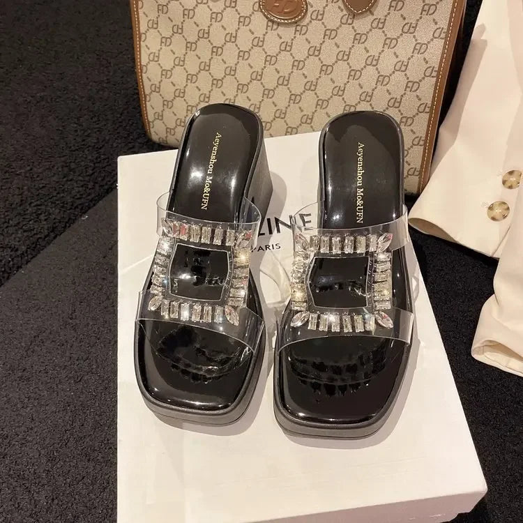 Women Platform Wedges Sandals High Heels Shoes Summer Flip Flops Beach Sandals Femme Designer New Dress Crystal Slides Black