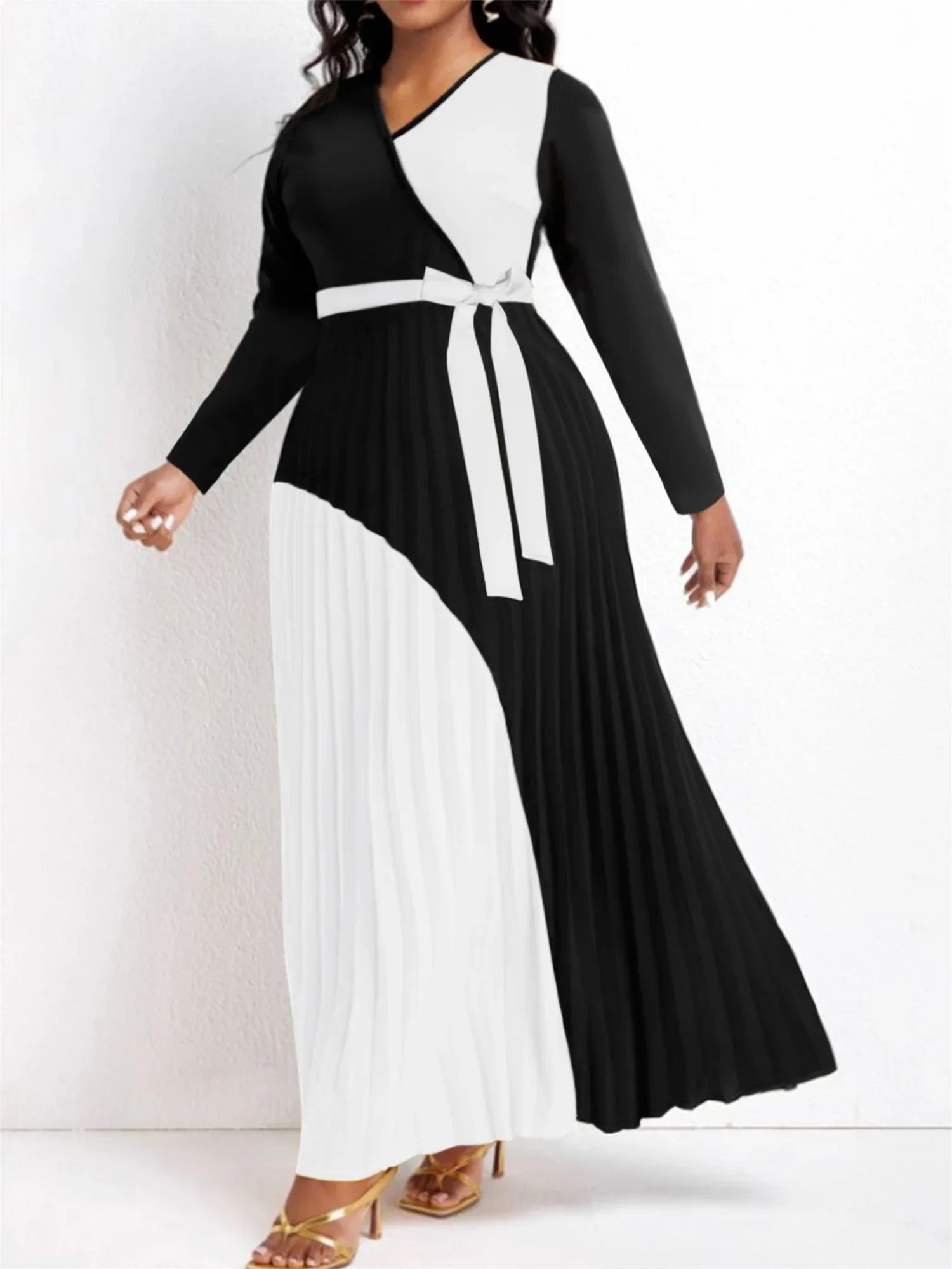 Elegant Fall Maxi Dresses Bandage Design Tiered Pleated A Line Dress Belted Long Sleeve V Neck Flowy Patchwork Vestidos WHITE