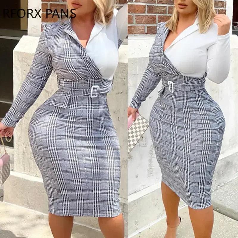 Women Chic Casual Elegant Long Sleeves Patchwork Notched Collar Midi Working Dresses MULTI